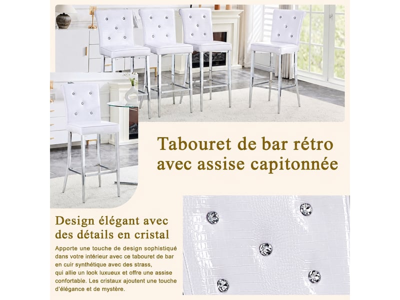  Lot de 2 tabourets de bar blancs, dossier haut, simili effet crocodile, assise 75 cm  - Conforama E