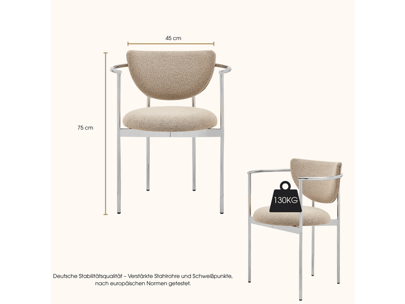  Fauteuil de salle à manger avec accoudoirs et dossier boucle  - structure en acier inoxydable, tissu beige kaki clair  - Conforama D