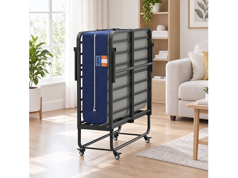  Lit pliant pour adulte avec sommier et matelas épais, sur roulettes, 200 x 90 cm, bleu et blanc  - Conforama C