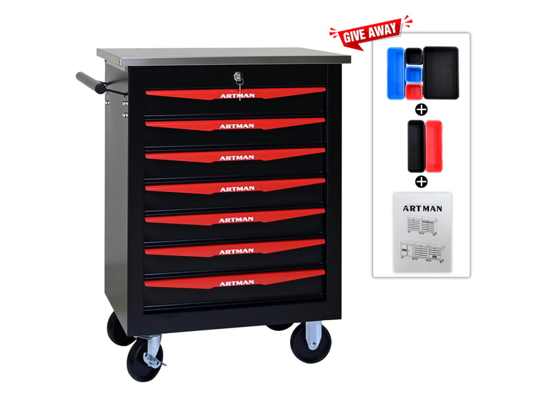  Servante d’atelier 7 tiroirs sur roulettes verrouillable acier noir et rouge evryae  - Conforama D
