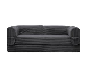 Canapé droit 2 places gris avec rangement intégré et revêtement côtelé pour salon moderne