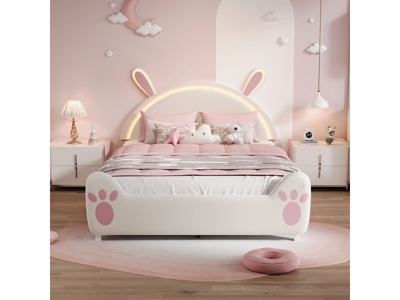  Lit enfant 140x200 cm avec led, lit 2 places avec tête de lit lapin et oreilles, tissu velours, blanc, sans matelas  - Conforama W