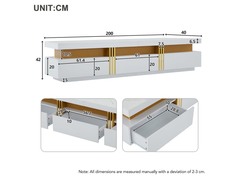  Meuble tv tcqpz suspendu avec table basse 200 x 40 x 42 cm blanc et doré 3 tiroirs panneau de particules  - Conforama D