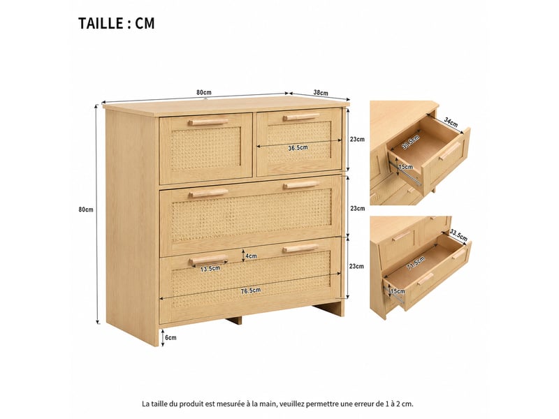  Commode à 4 tiroirs en rotin – finition naturelle – 80 x 80 x 38 cm  - Conforama D