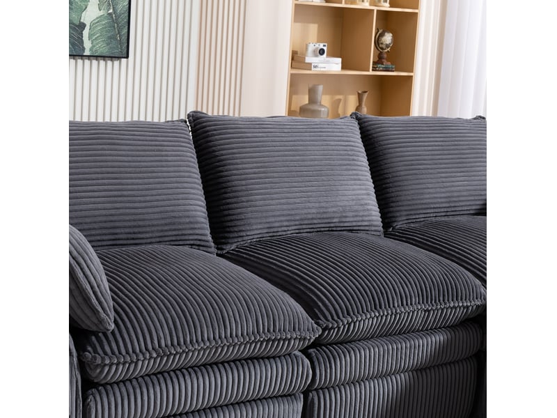  Canapé d'angle modulable 4 places en velours côtelé gris foncé avec 2 poufs et rangements latéraux  - Conforama D