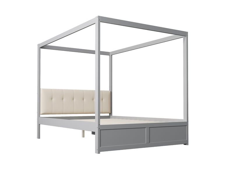 Lit cabane 140x200 gris, lit en bois avec grands tiroirs et dossier rembourré, structure robuste pour chambre d'enfant ou d'adolescent. - Conforama D