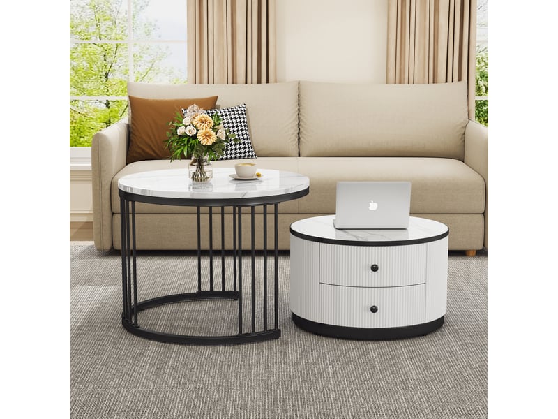  Table basse gigogne effet marbre brillant, lot de 2 tables rondes avec 2 tiroirs, blanc  - Conforama E