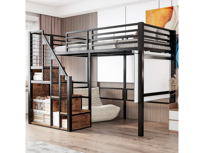  Lit mezzanine 90x200cm avec armoire intégrée - lit 1 place - métal noir, échelle sécurisée, espace bureau, gain de place enfants ado  - Conforama A
