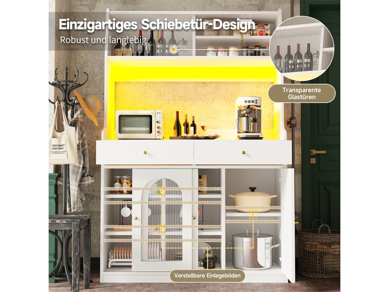  Vaisselier blanc avec éclairage led et portes en verre, buffet de cuisine haut 120x40x180 cm  - Conforama B