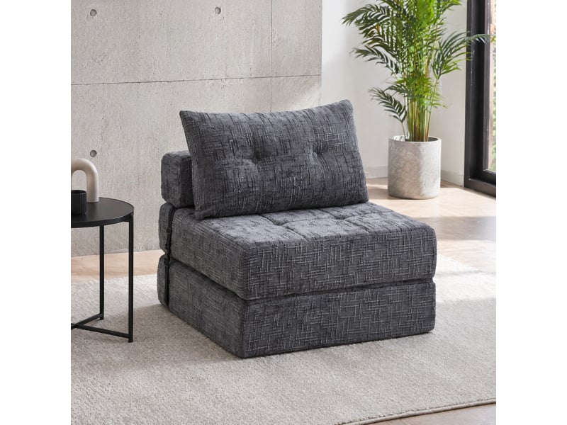  Fauteuil convertible 1 place pliable avec dossier et coussins, assise de sol pour salon, en chenille gris 79 × 79 × 57 cm  - Conforama C