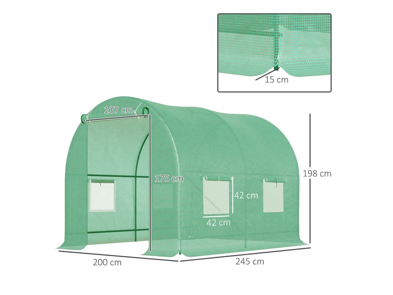  Serre de jardin avec structure en acier et 4 fenêtres en polyéthylène, 2,5 x 2 x 2 m, verte  - Conforama E