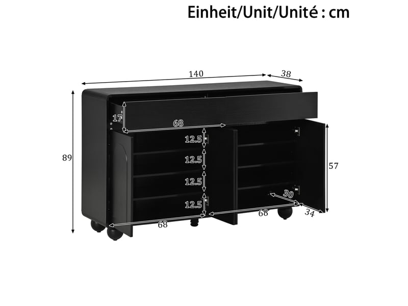  Buffet de rangement noir 140 cm – 2 tiroirs, 4 portes arquées et pieds métal  - Conforama D