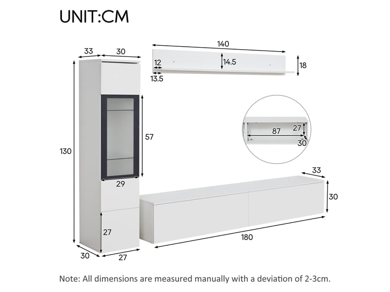  Ensemble meuble tv mural 3 pièces blanc brillant avec led, meuble tv, vitrine et étagère suspendue pour salon  - Conforama C