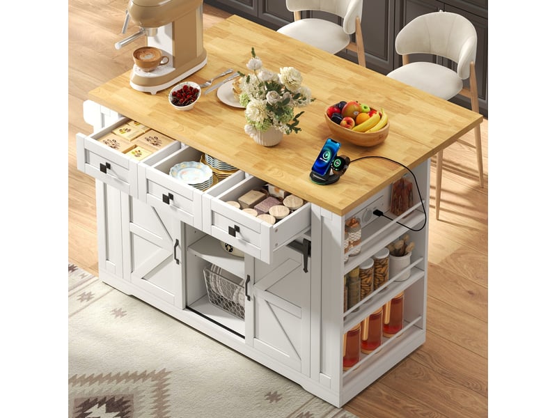  Desserte de cuisine 130x50(80)x87 cm plateau rabattable blanc et naturel  - Conforama E
