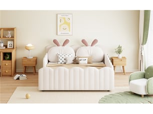 Lit capitonné,140x200 cm,avec coussin lapin,barrière,mdf contreplaqué,beige