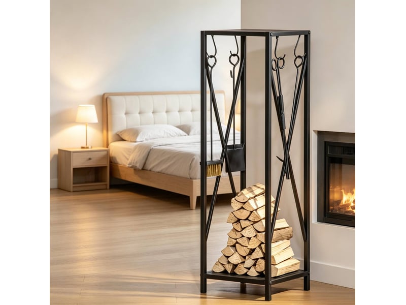  Serviteur de cheminée 34 x 34 x 111 cm noir en métal, range-bûches avec 4 outils de cheminée et deux étagères  - Conforama C