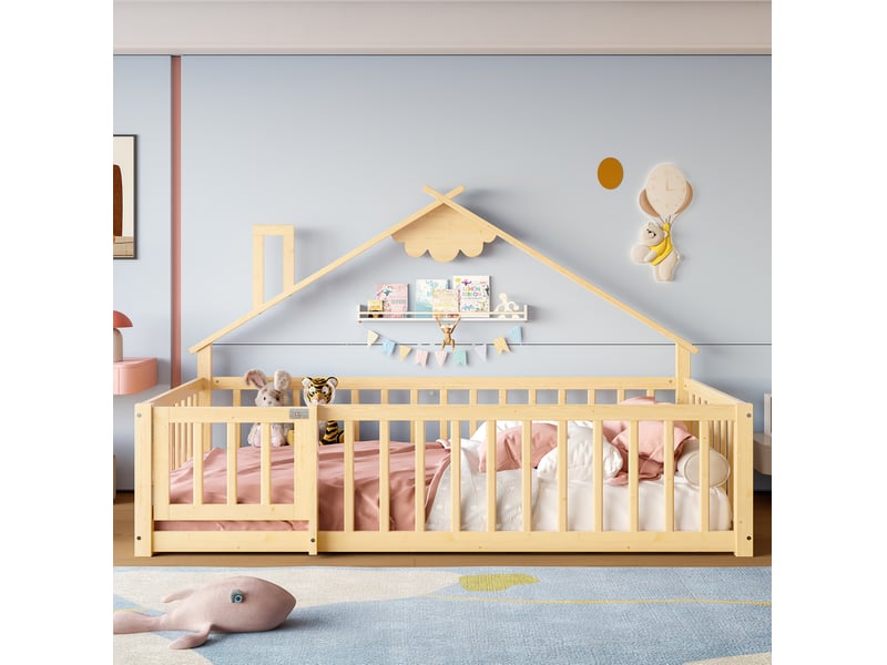  Lit enfant maison 90x190 cm garde-corps 32 cm avec serrure design cabane montage facile pin et mdf naturel sans matelas  - Conforama B