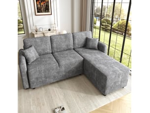 Canapé d'angle droit 3 places compact avec méridienne, 2 coussins et assise en mousse, chenille grise