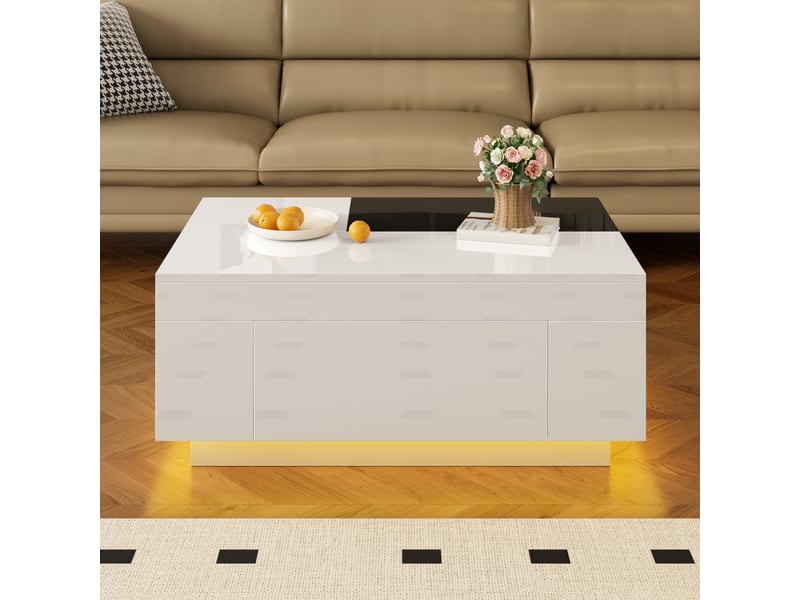  Table basse led moderne extensible, table basse noir et blanc avec tiroir de rangement, 80x50x35.5cm  - Conforama B