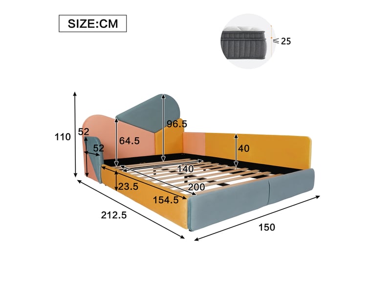  Lit simple enfant 140x200 cm, design moderne, protection latérale surélevée anti-chute, bois, multicolore, sans matelas  - Conforama C