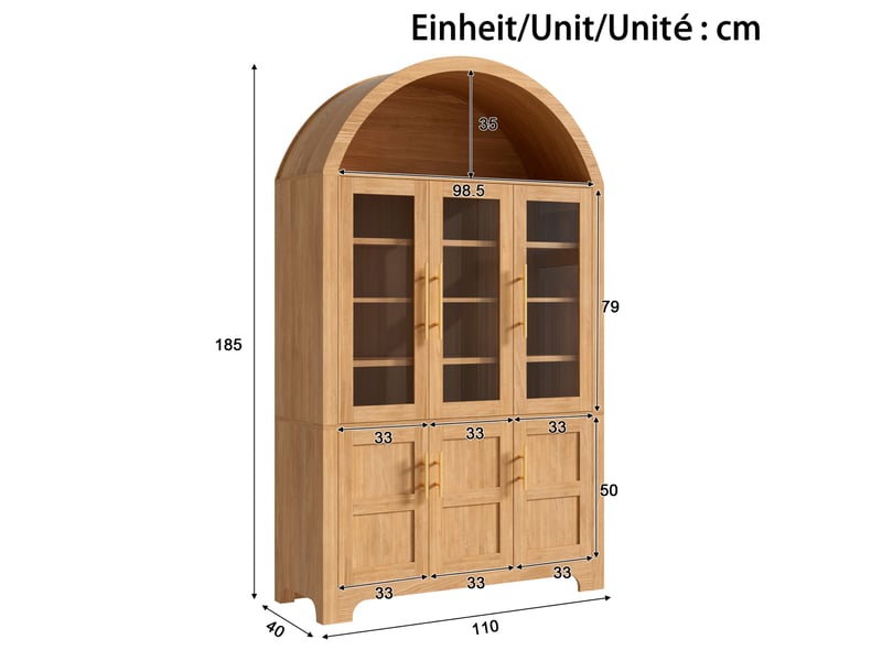  Buffet haut moderne 110x40x185 cm avec niche ouverte en arc, 3 portes vitrées, tablettes réglables, en mdf, naturel  - Conforama C