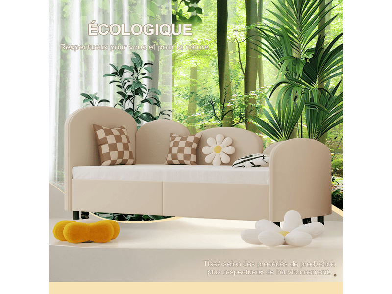 Lit gigogne enfant softsea 90x200 cm en velours beige, 210x99x82,5 cm, style fleur, banquette chambre - Conforama W
