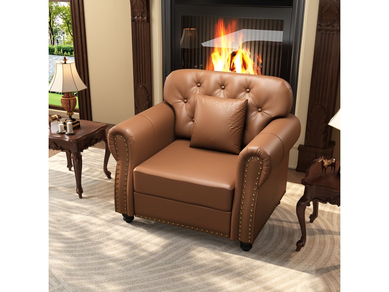  Fauteuil chesterfield fixe 1 place en simili marron 105 x 76 x 86 cm, capitonné avec coussin et ressorts ensachés pour salon 105X76X86cm - Conforama B