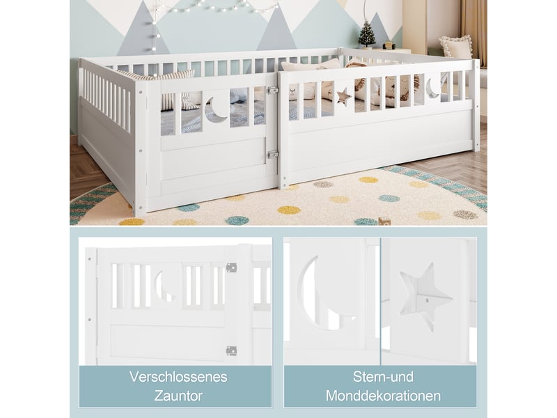  Lit enfant 140x190, lit avec barrière de sécurité en bois de pin, cadre avec décoration étoile et lune, blanc, sans matelas  - Conforama R