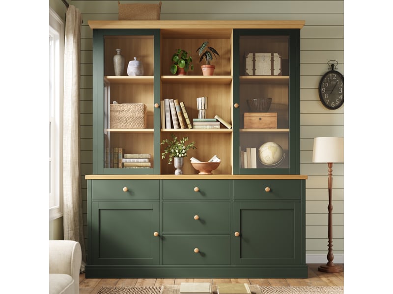  Buffet haut de cuisine 140 x 40 x 185 cm vert avec portes vitrées, 5 tiroirs, niches ouvertes et étagères réglables, meuble cuisine anti-basculement  - Conforama B