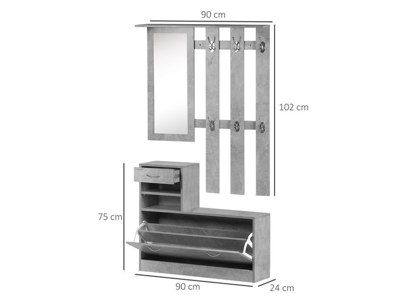  Ensembles 3 en 1 de meuble d'entrée vestiaire avec panneau porte-manteau, effet béton gris, miroir et banc à chaussures - 6 crochets et étagère réglable  - Conforama C