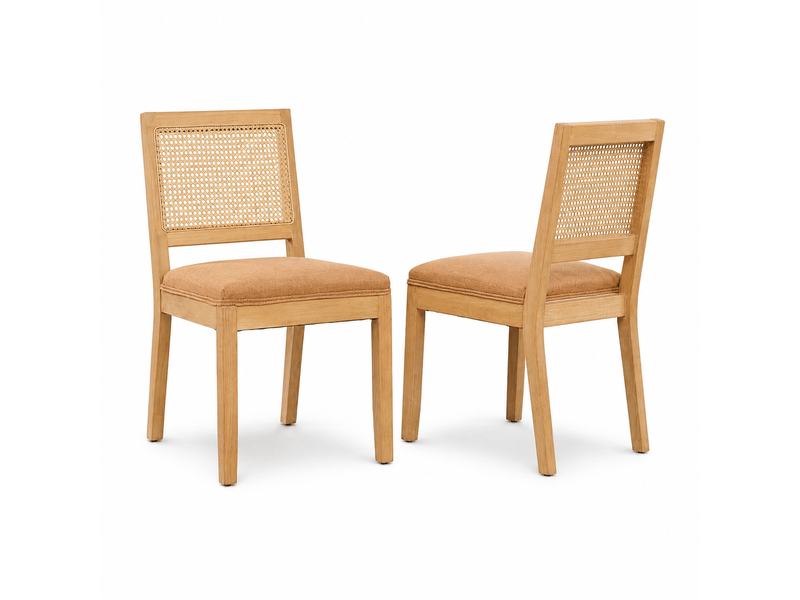  Lot de 2 chaises de salle à manger style rustique, dossier en cannage effet rotin, assise en lin à ressorts en s, cadre en bois massif, brun clair  - Conforama A