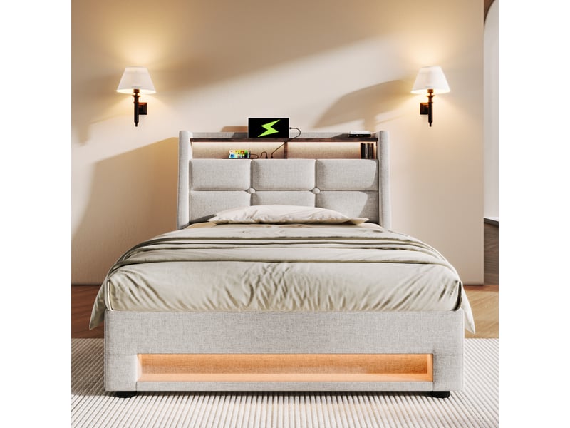  Lit 1 personne 90x200 cm avec matelas, structure de lit avec tête de lit en lin, beige, lit simple led avec sommier à lattes  - Conforama D