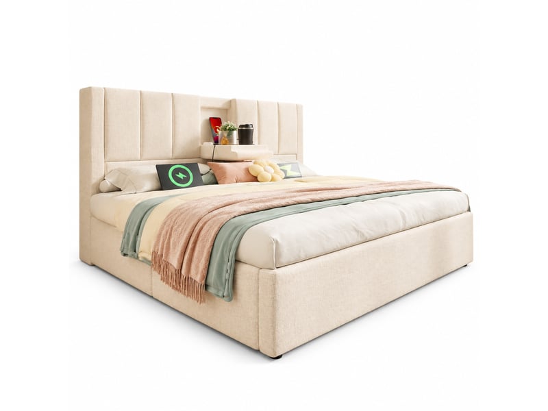  Lit double hydraulique 140 x 200 cm beige avec rangement, station de charge et porte-gobelets  - Conforama A
