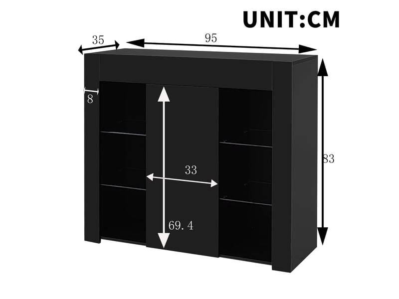 Buffet 95x35x83 cm, armoire de rangement, étagères en verre, aggloméré noir, meuble salon et cuisine, moderne, design - Conforama C