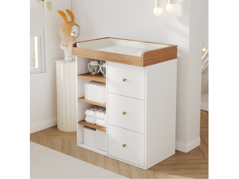 Commode à langer 2 en 1 avec 2 tiroirs et rangements ouverts, barrière amovible, pour chambre d'enfant, 82 × 50 × 100 cm - Conforama C