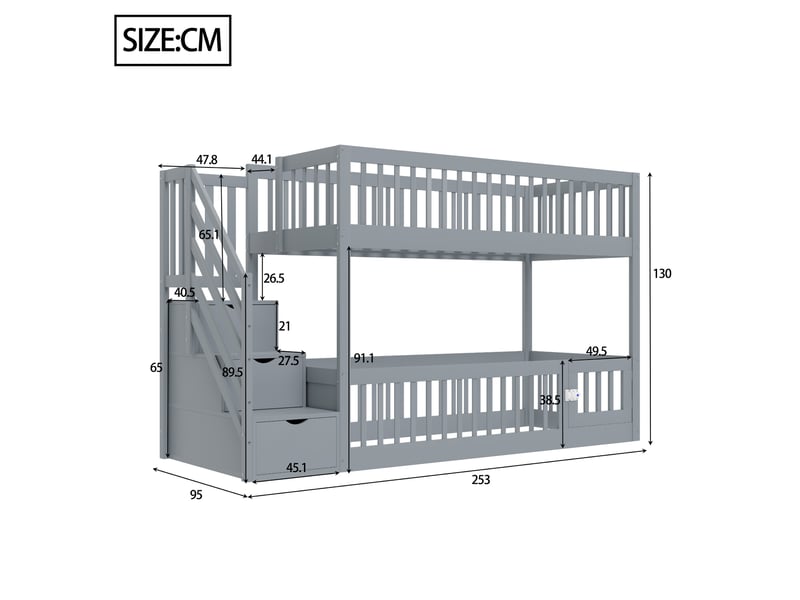 Lit superposé enfant 90 x 200 cm gris en bois, escalier à tiroirs et coin lecture sous le lit pratique  - Conforama C
