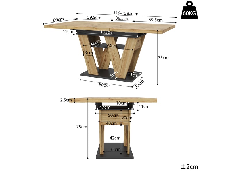 Table extensible, 119-158,5x80x75 cm, espace de rangement intégré plateau, plateau en mdf, pratique, mdf, coloris noir - Conforama C