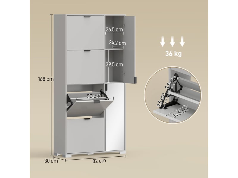  Meuble à chaussures avec miroir, 4 tiroirs à abattants, meuble à chaussures d'entrée, gris  - Conforama D