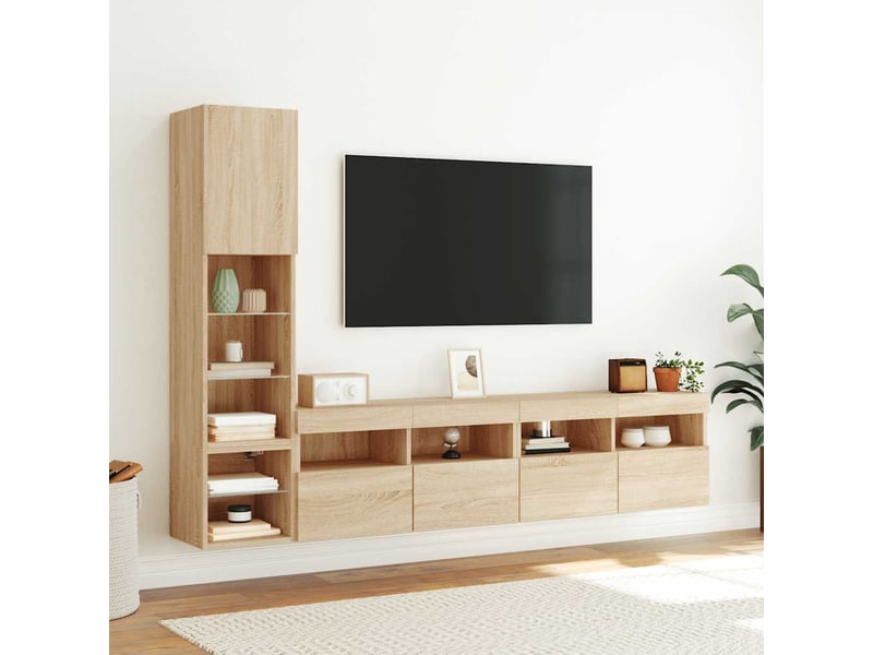  Meuble tv - unités murales tv avec led 4 pcs chêne sonoma bois d'ingénierie  - Conforama D