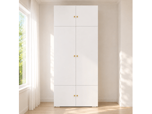 Armoire haute battante 90x50x202 cm, 1 barre de penderie, 5 compartiments, panneau de particules blanc chic moderne