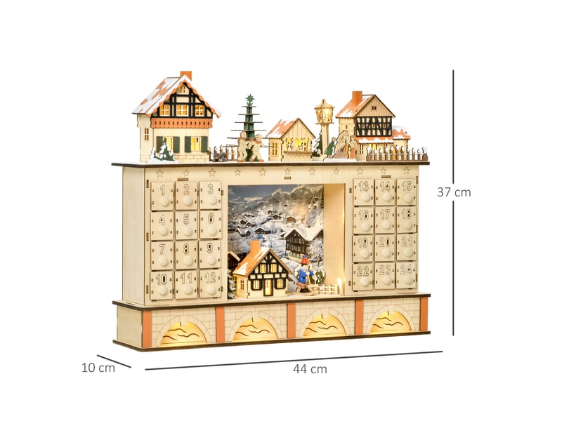  Calendrier de l'avent en bois à remplir, avec lumières et 24 tiroirs, 44 x 10 x 37 cm, couleur naturelle  - Conforama E