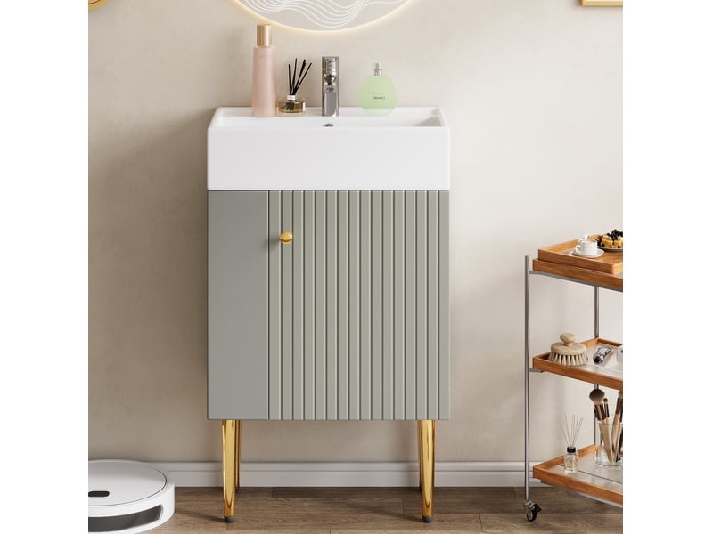  Meuble vasque de salle de bain 52.6x32.28x68.5 cm sur pied mdf gris et blanc  - Conforama E