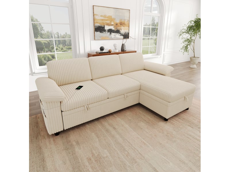  Canapé d’angle convertible modenvie réversible avec coffre, dossier réglable, usb et type-c, velours côtelé beige 214 x 138,5 x 89 cm  - Conforama B