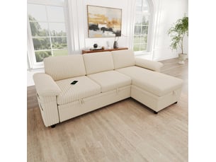 Canapé d'angle réversible convertible <strong>MODENVIE</strong> <strong></strong> 3 places Velours côtelé beige avec coffre de rangement