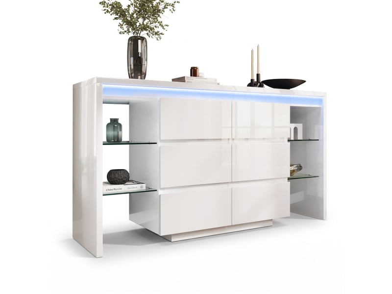  Buffet blanc brillant 155 × 40 × 80 cm, led, 6 tiroirs et 4 tablettes verre IKSETERA TRADING LTD - Conforama A