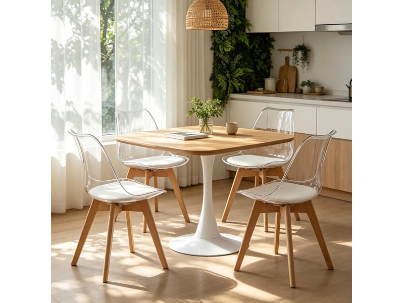  Chaise de salle à manger, lot de 4 avec coussin fixe et patins de protection, en bois et simili cuir blanc  - Conforama B