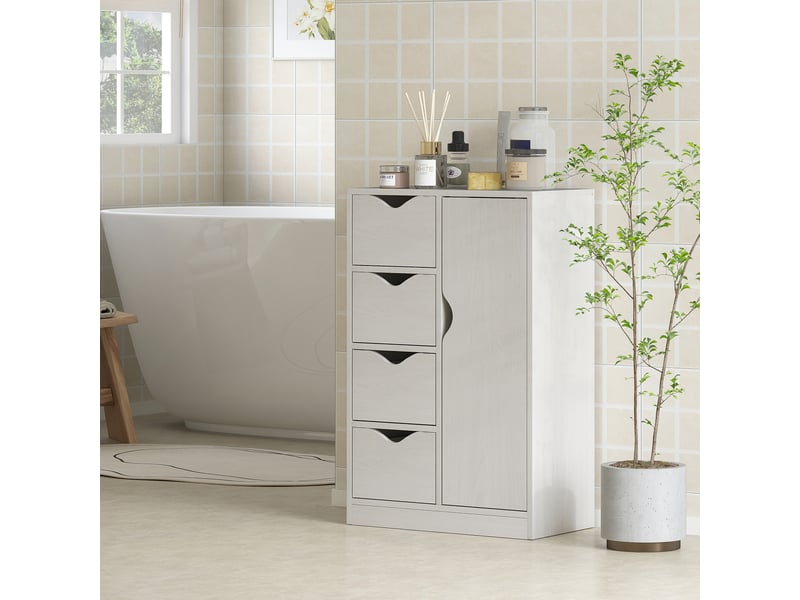  Meuble de salle de bain à 4 tiroirs, étagère à 2 niveaux et poignées encastrées, bois, 54 x 29 x 83 cm, blanc  - Conforama C