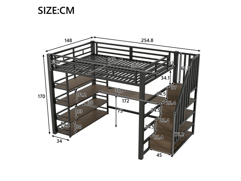  Lit mezzanine 140 x 200 cm, métal, escalier, bureau, rangements, usb, led, noir  - Conforama D