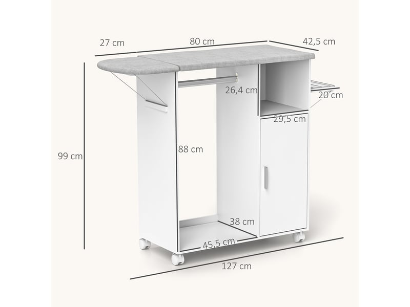  Armoire à repasser sur roulettes, table à repasser pliante, étagère réglable, barre de suspension, 127x42,5x99cm, blanc  - Conforama D