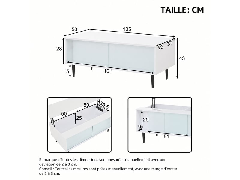 Table basse relevable jusqu'à 58 cm, rangement caché, led, verre trempé, 105 x 50 cm, blanc - Conforama E